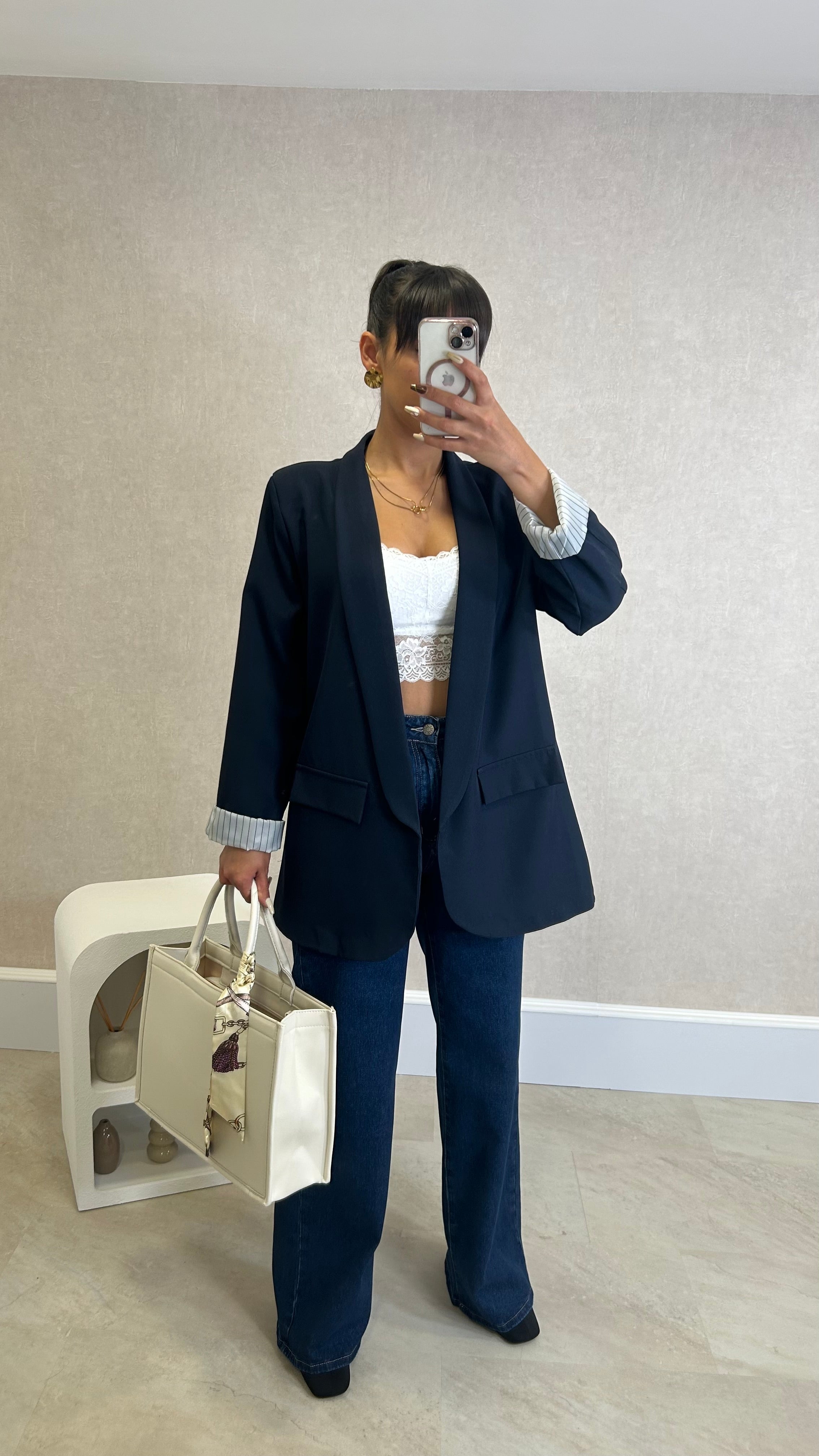 Blazer com Forro Listrado Azul Marinho