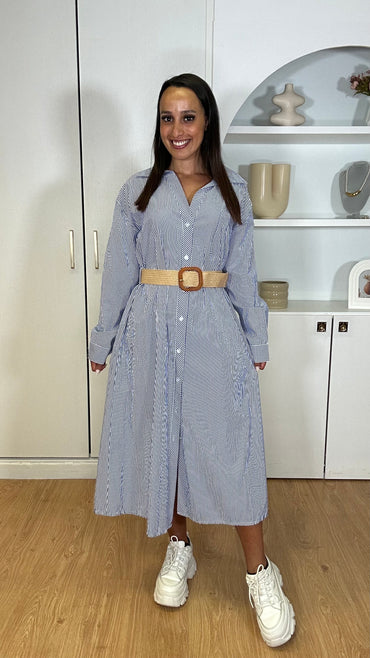 Camiseiro comprido riscas Azul e Branco com cinto