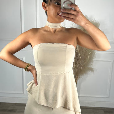 Conjunto Top Assimétrico + Pantalona Bege
