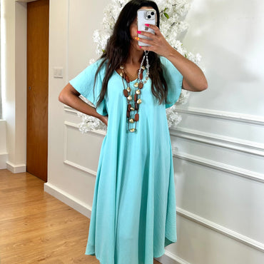 Vestido Midi oversize com folho na manga Turquesa