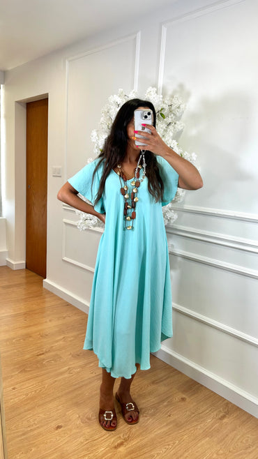 Vestido Midi oversize com folho na manga Turquesa
