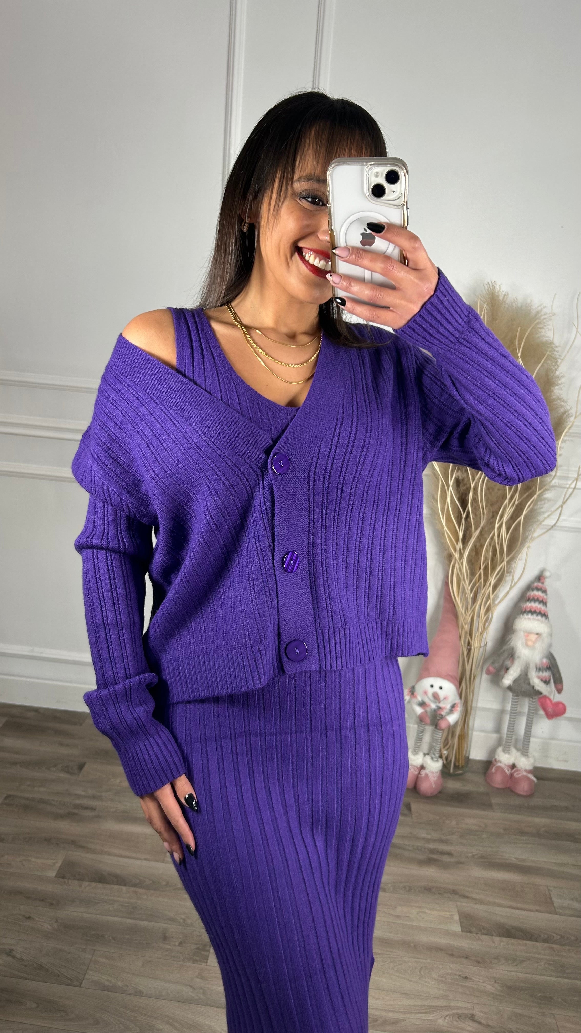 Conjunto cardigan + vestido roxo