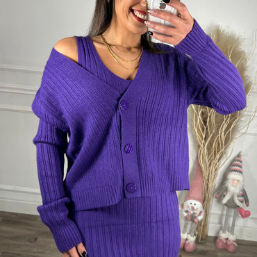 Conjunto cardigan + vestido roxo