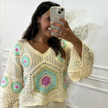 Camisola Croché Padrao em Lilas e turquesa