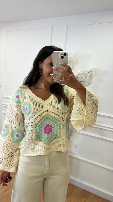 Camisola Croché Padrao em Lilas e turquesa