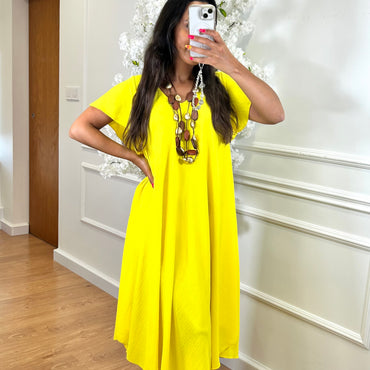 Vestido Midi oversize com folho na manga Amarelo