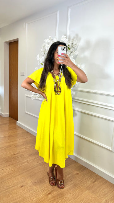 Vestido Midi oversize com folho na manga Amarelo