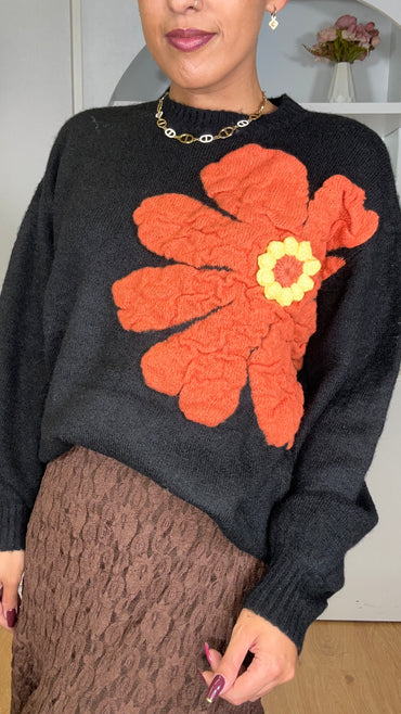 Camisola malha com flor em Preto