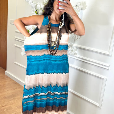 Vestido Malha Fria comprido estampado Azul Turquesa