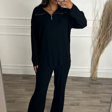 Conjunto malha camisola com fecho + Pantalona Preto