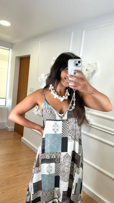 Vestido de Alças Estampado turquesa e Castanho