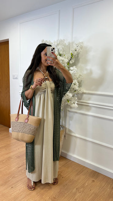 Kimono Comprido Crochet Verde Tropa
