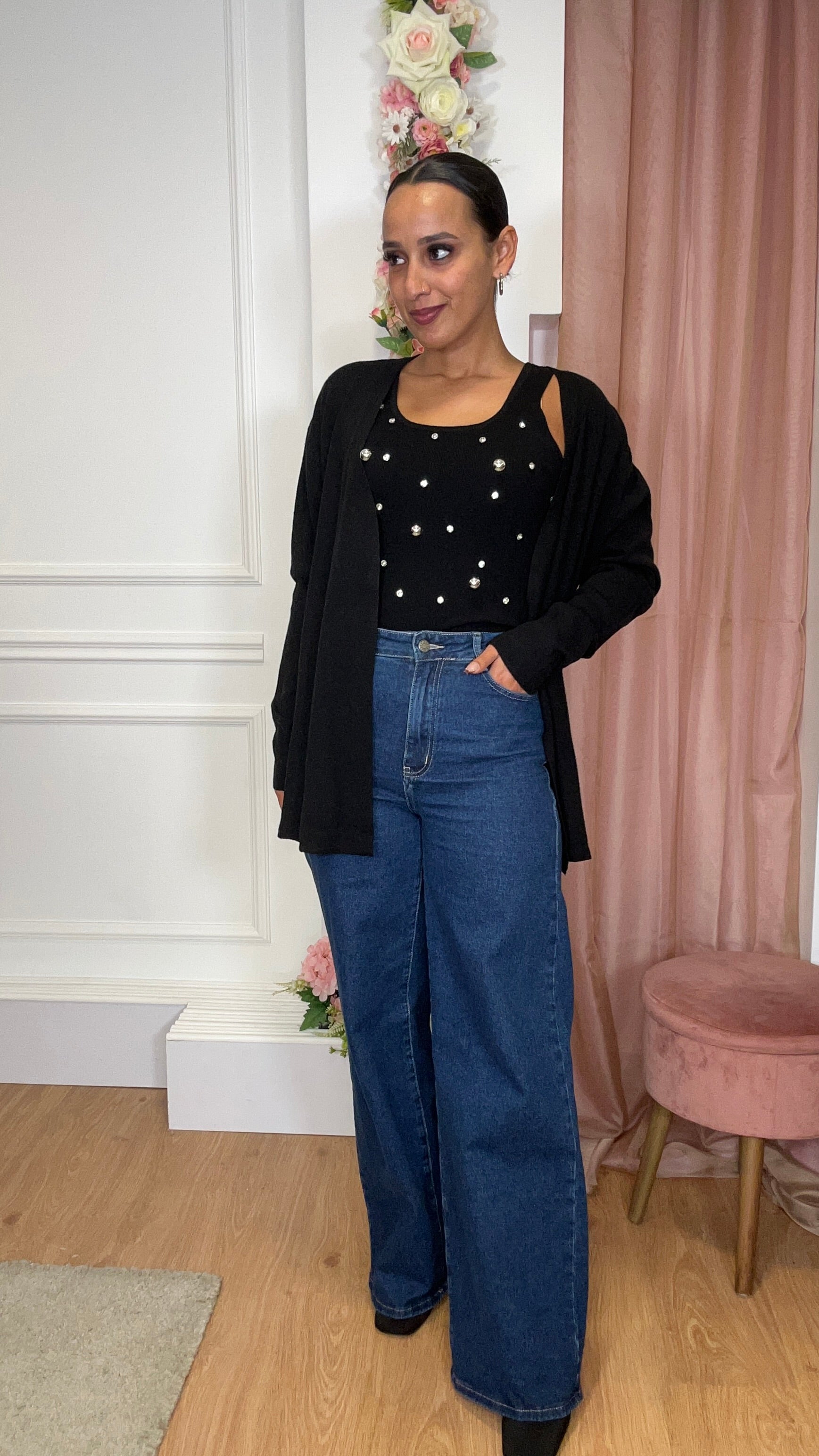 Conjunto Top com brilhos + Casaco Preto