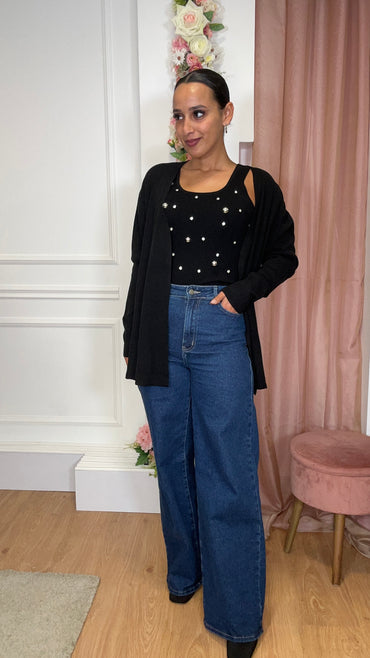 Conjunto Top com brilhos + Casaco Preto
