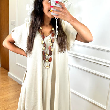 Vestido Midi oversize com folho na manga Bege