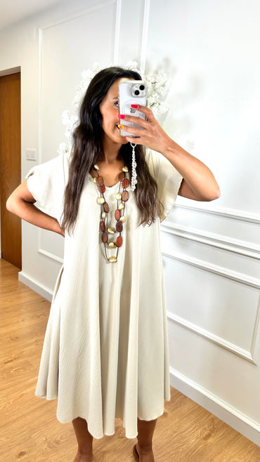 Vestido Midi oversize com folho na manga Bege
