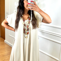 Vestido Midi oversize com folho na manga Bege