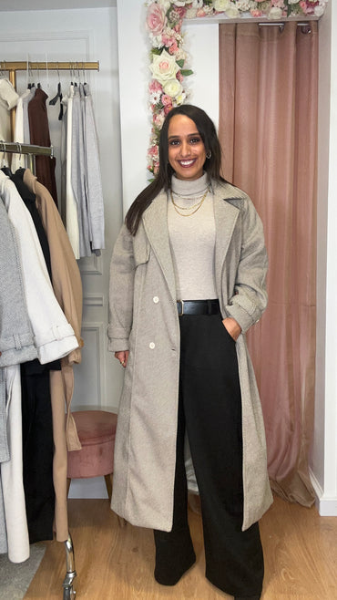 Casaco de Fazenda Comprido Texturado Riscas Camel