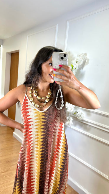 Vestido Zig Zag com fio dourado em Laranja