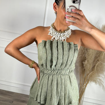 Conjunto saia + top repuxado verde seco
