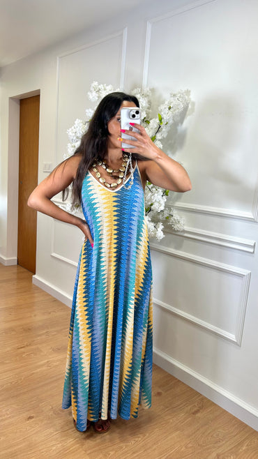 Vestido Zig Zag com fio dourado em Azul