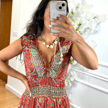 Vestido Indiano Estampado Vermelho