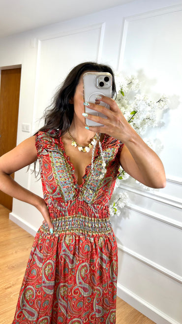 Vestido Indiano Estampado Vermelho