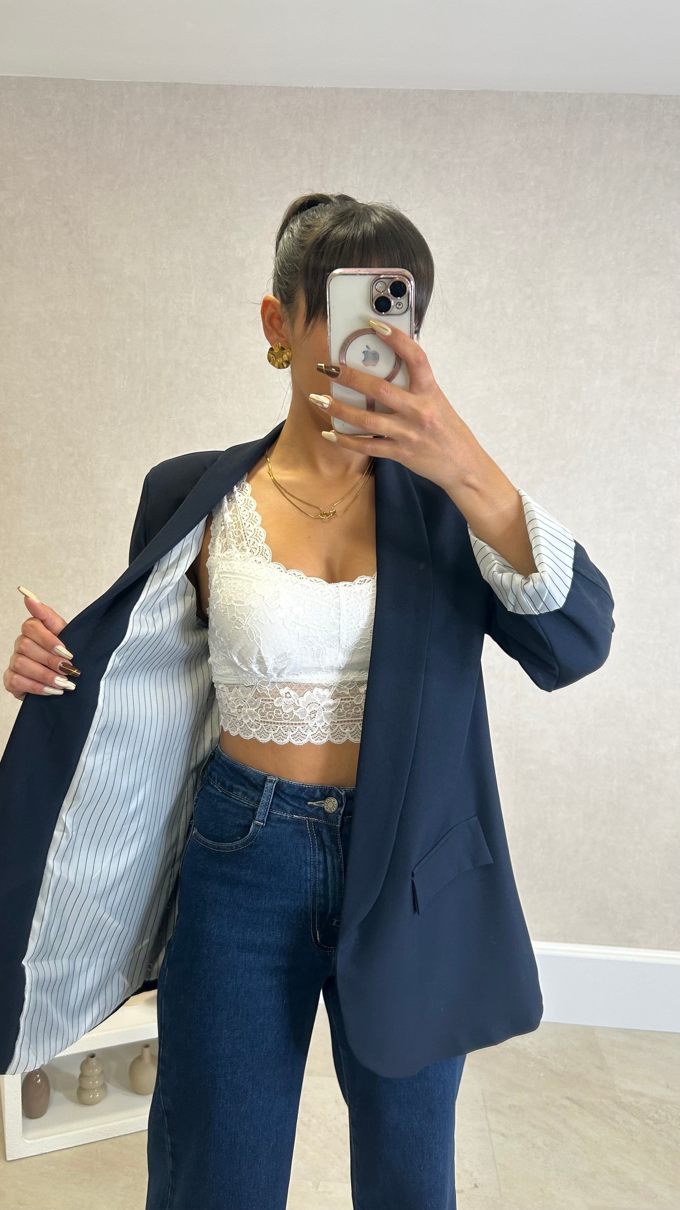 Blazer com Forro Listrado Azul Marinho