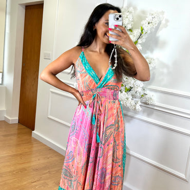 Vestido Acetinado Indiano Salmão