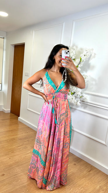 Vestido Acetinado Indiano Salmão