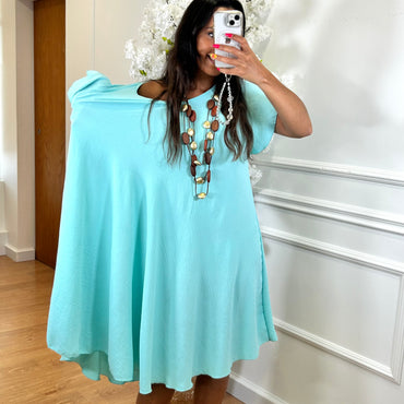 Vestido Midi oversize com folho na manga Turquesa