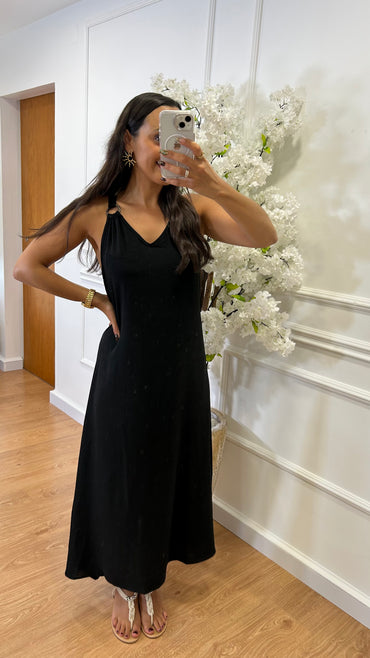 Vestido com argolas nos ombros Preto