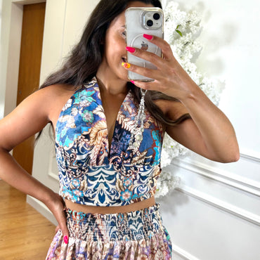 Conjunto Top + Saia com estampado em Azul