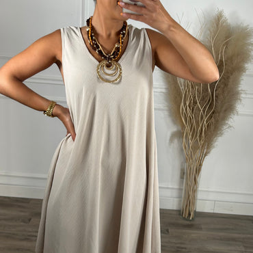 Vestido oversize de alças larga Midi Bege