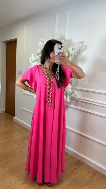 Vestido oversize com folho na manga em Rosa