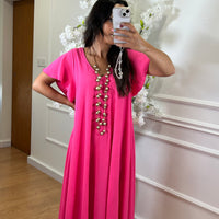 Vestido oversize com folho na manga em Rosa