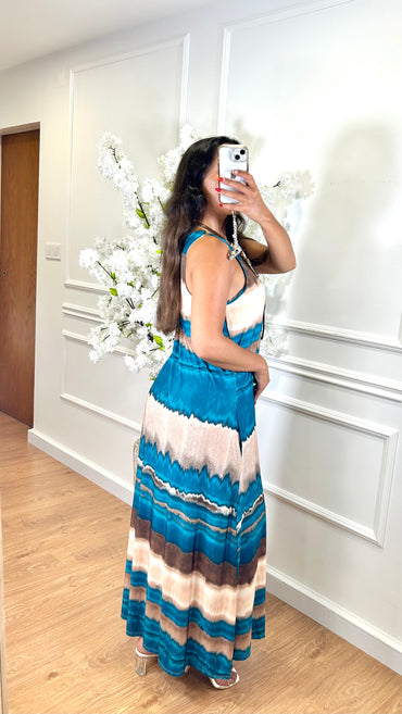 Vestido Malha Fria comprido estampado Azul Turquesa