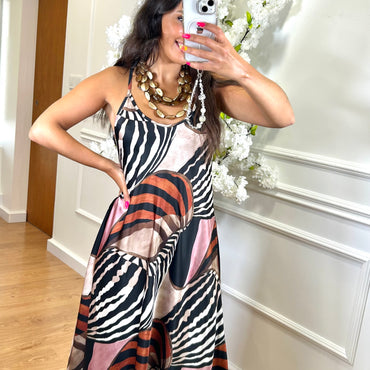 Vestido Acetinado Com Estampado tons de Preto