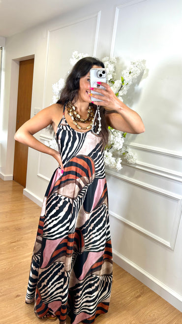 Vestido Acetinado Com Estampado tons de Preto