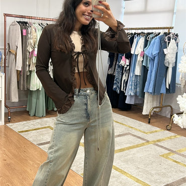 Cardigan Lycrado com renda Castanho