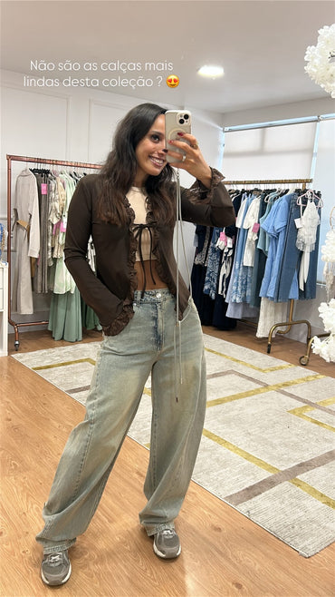 Cardigan Lycrado com renda Castanho