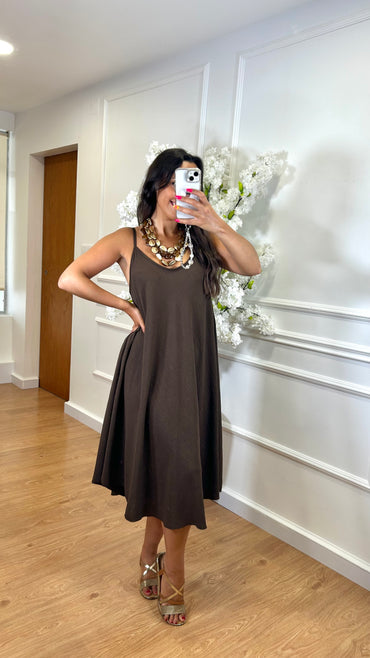 Vestido Midi oversize de alças Castanho