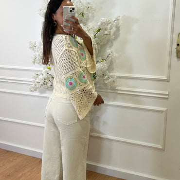 Camisola Croché Padrao em Lilas e turquesa