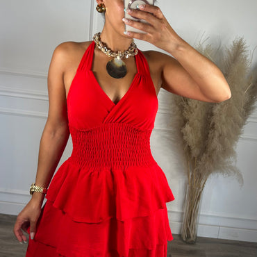 Vestido com folhos vermelho
