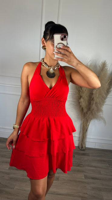 Vestido com folhos vermelho