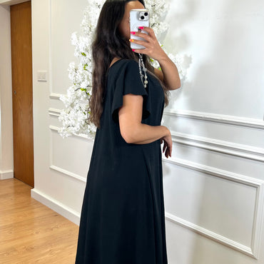 Vestido Midi oversize com folho na manga Preto