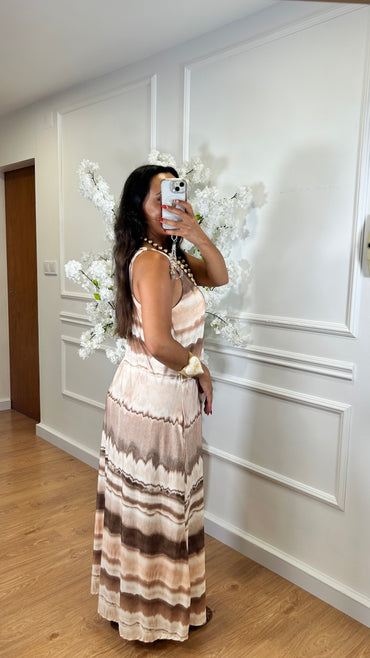 Vestido Malha Fria comprido estampado Bege