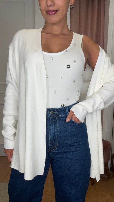 Conjunto Top com brilhos + Casaco Branco