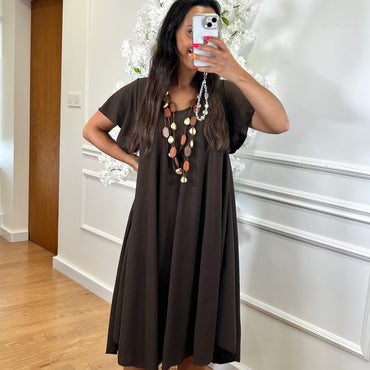 Vestido Midi oversize com folho na manga Castanho