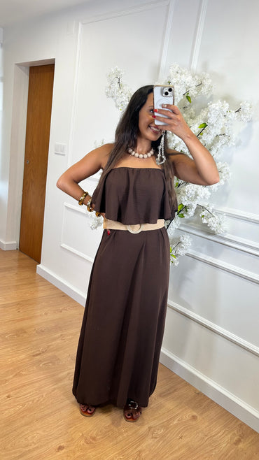 Vestido Com folho em Castanho